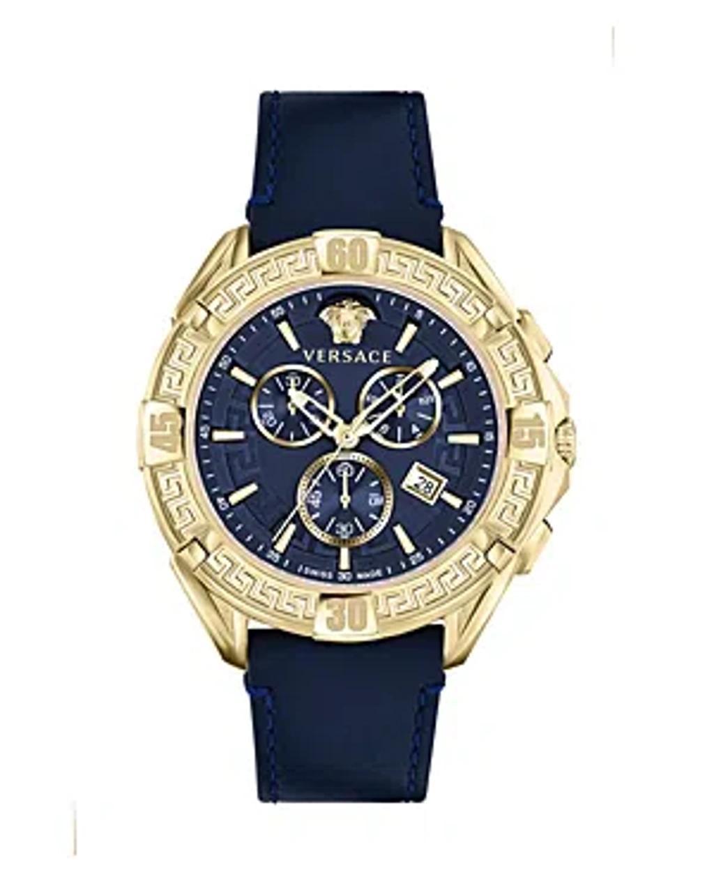 VERSACE Men's Swiss Chronograph Sporty Blue Leather Strap Watch 46mm In Gold Product Image