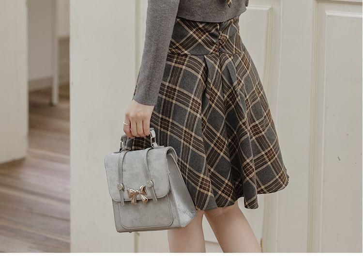 Set: Sleeveless V-Neck Plaid A-Line Dress + Melange Crop Cardigan Product Image