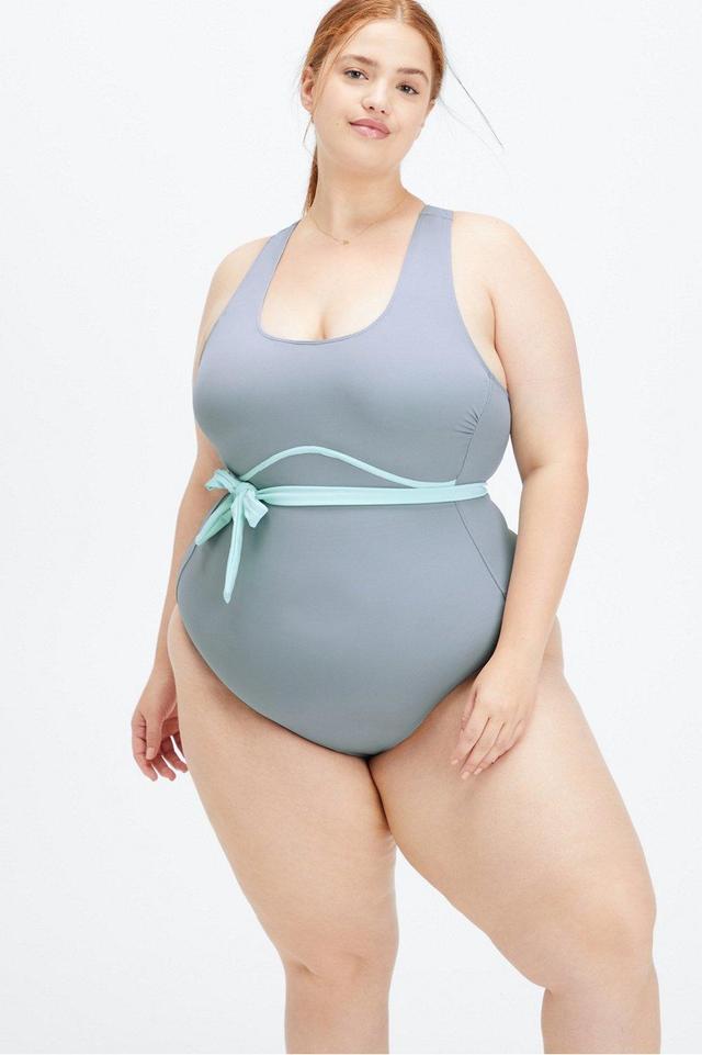 Fabletics Lace-Up Racerback Swimsuit Womens Raincloud/Blue Sky Size XXL Product Image