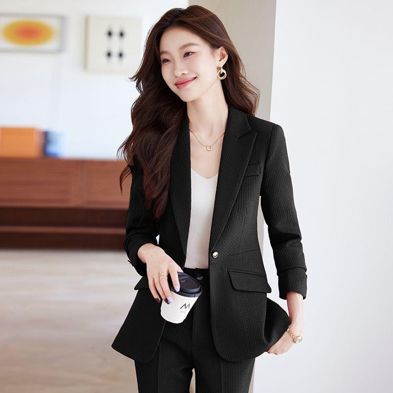 Peak Lapel Plain Single-Button Blazer / High Waist Bootcut Slacks / Set Product Image