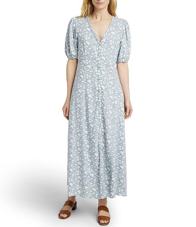 Faherty Havana Linen V-Neck Short Sleeve Floral Button Front A-Line Midi Dress Product Image