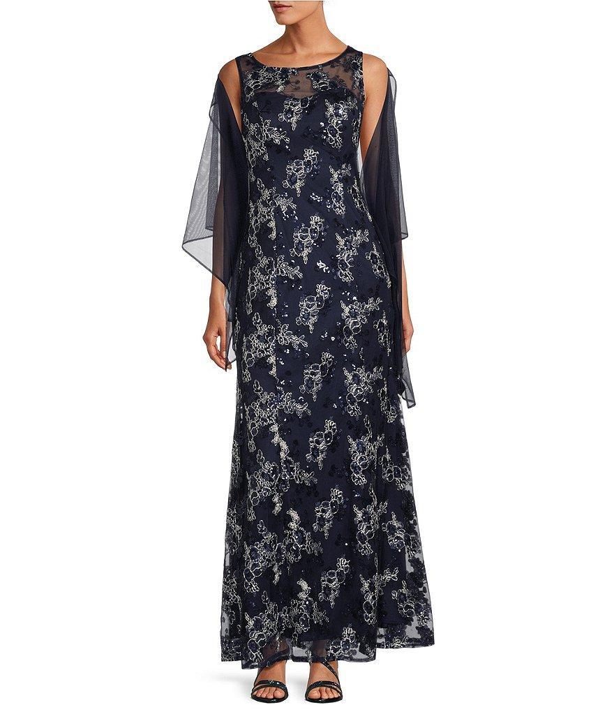 Alex Evenings Embroidered Stretch Tulle Sleeveless Scoop Neck Gown and Shawl Product Image