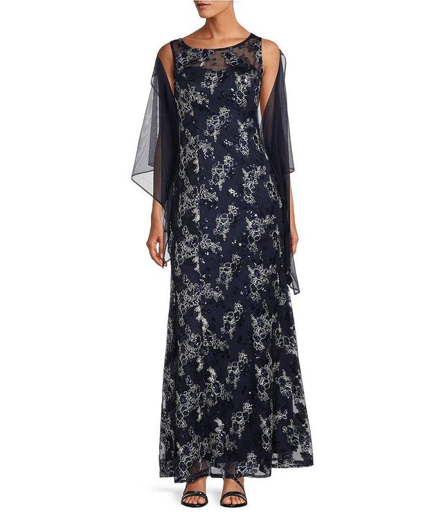 Alex Evenings Embroidered Stretch Tulle Sleeveless Scoop Neck Gown and Shawl Product Image