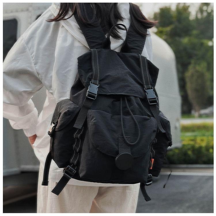 Plain Drawstring Buckled Nylon Flap Backpack Product Image