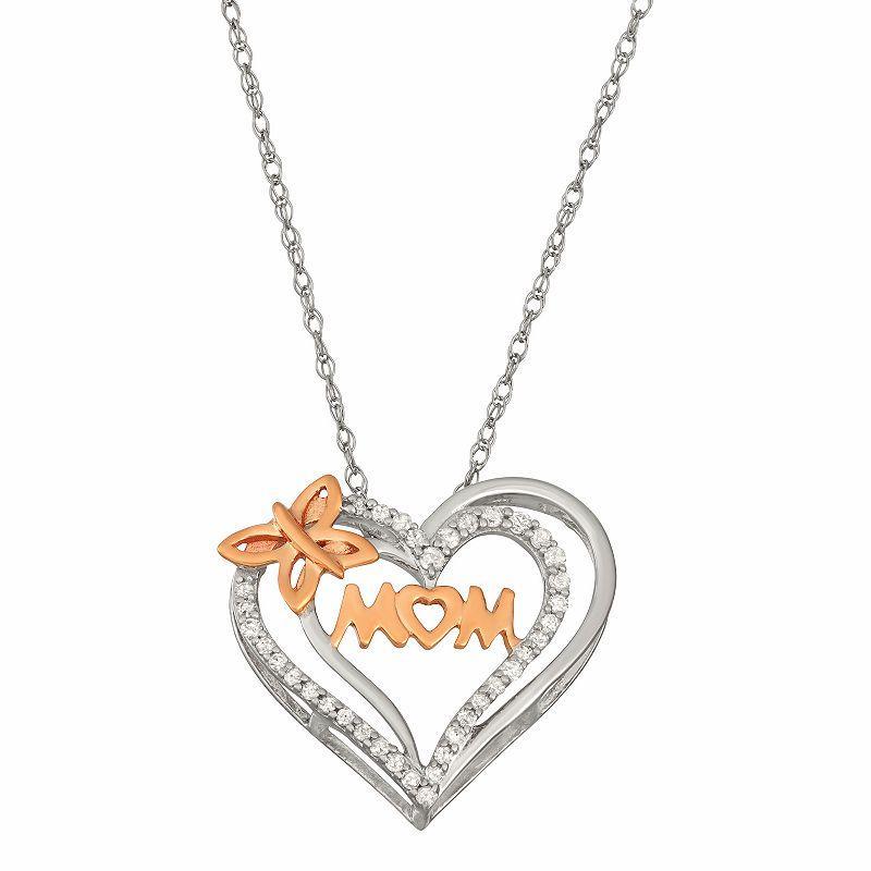 HDI 10k White Gold 1/10 Carat T.W. Diamond Mom Heart Pendant Necklace, Womens, Multicolor Product Image