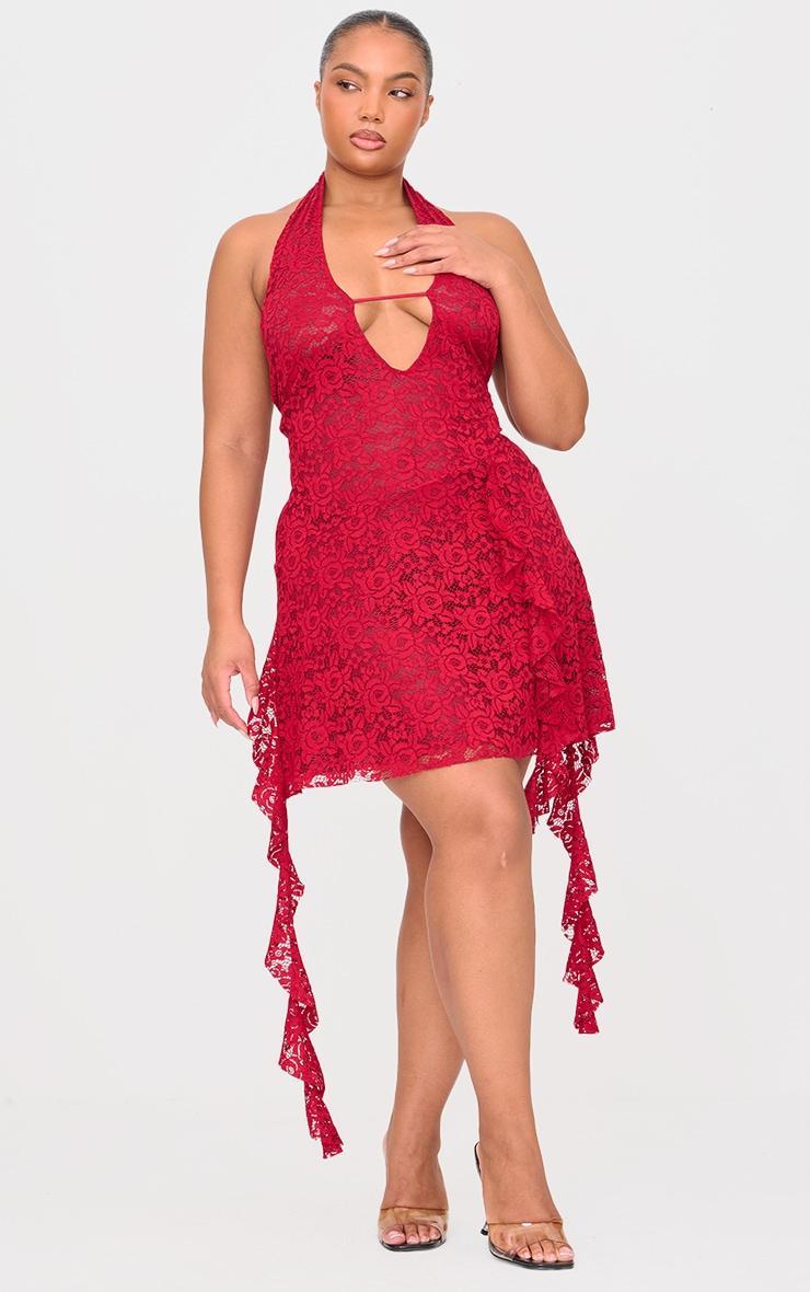 Plus Wine Halterneck Lace Drape Detail Mini Dress Product Image