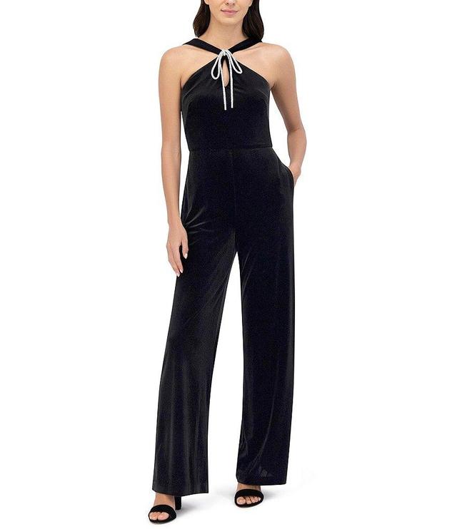 Eliza J Velvet Halter Neck Sleeveless Keyhole Bow Straight Leg Jumpsuit Product Image