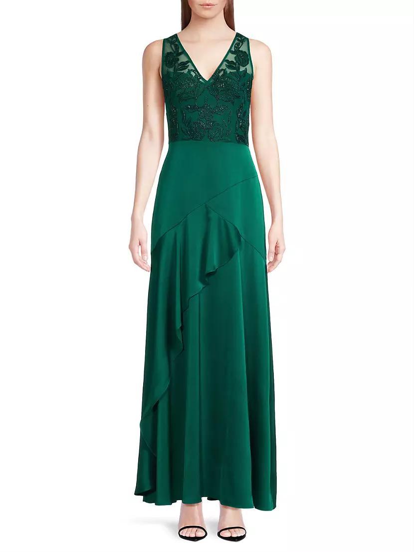 Beaded Satin Sleeveless Gown Product Image