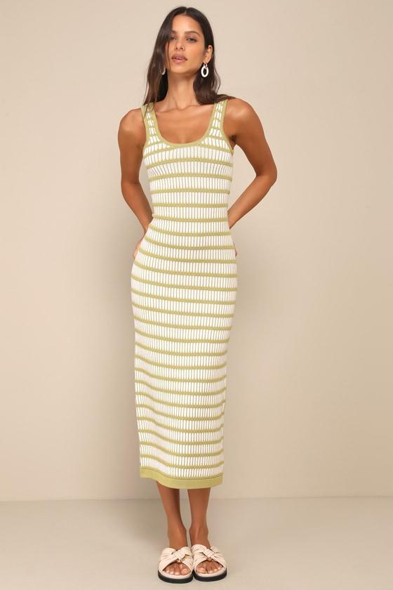 Curated Choice Green and Ivory Striped Cutout Knit Midi Dress Product Image