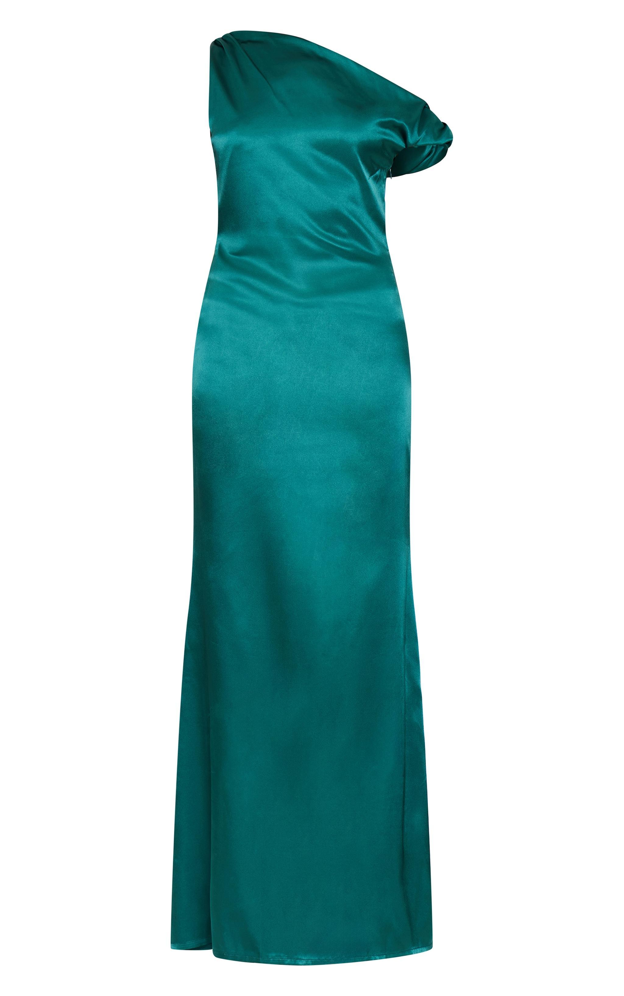 Emerald Green Satin Asymmetric Sleeveless Maxi Dress Product Image