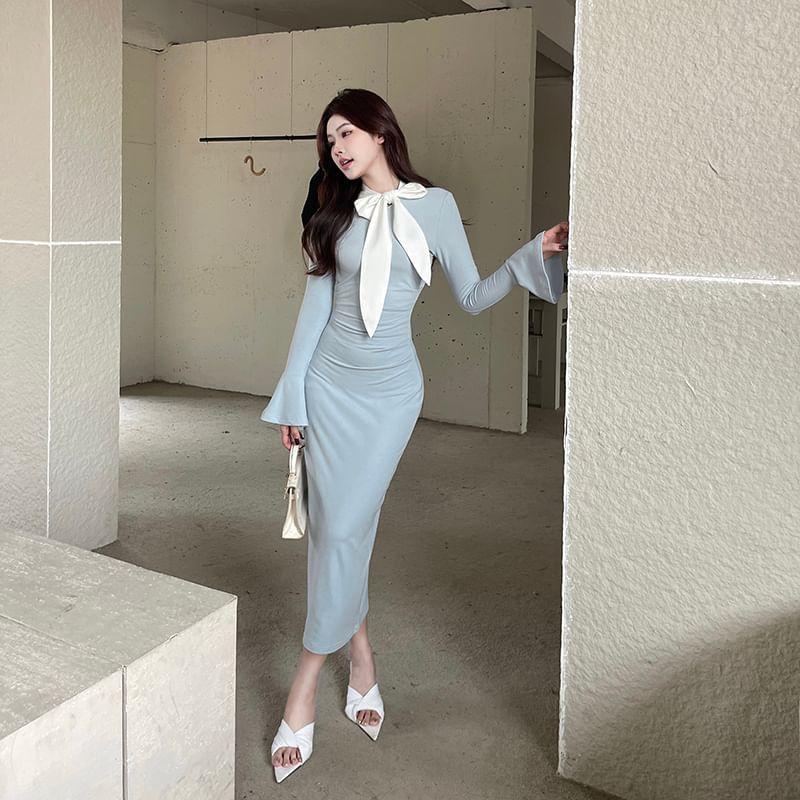 Bell Sleeve Tie-Neck Two Tone Maxi Sheath Dress Product Image