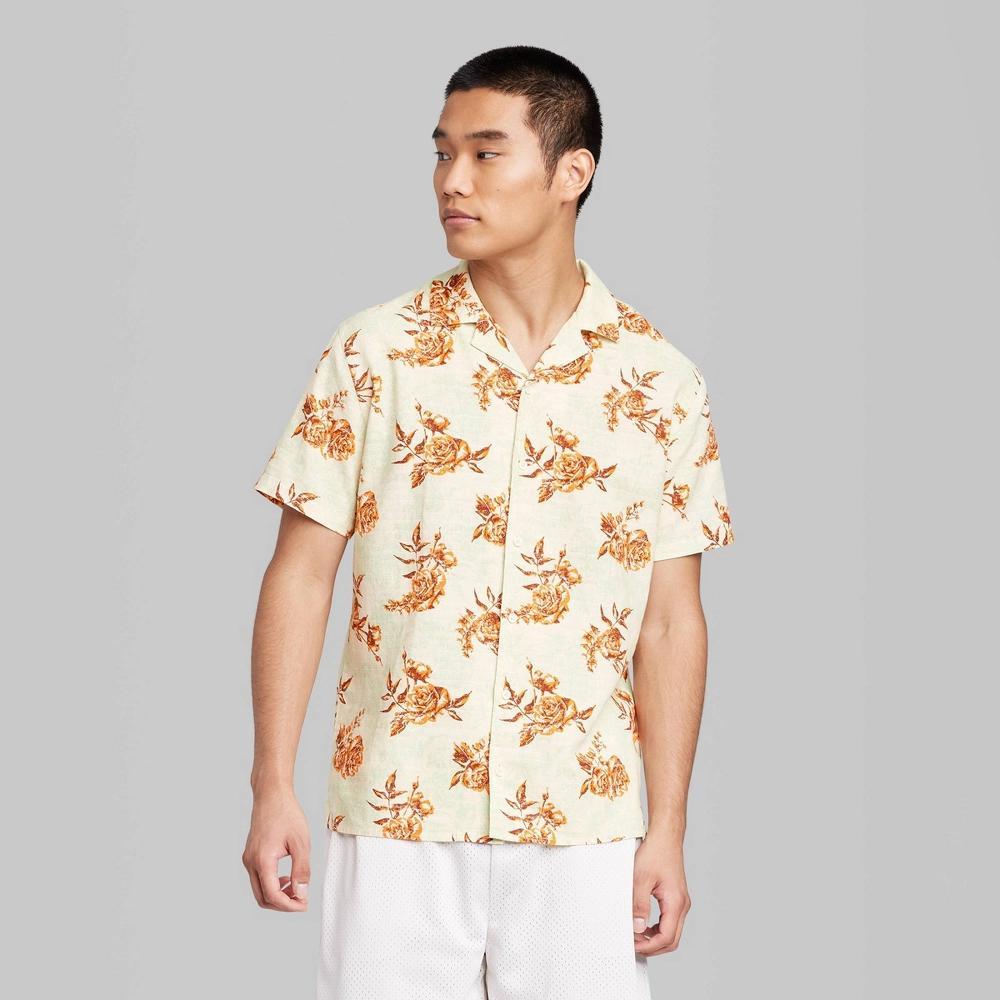 Men's Floral Print Short Sleeve Notch Collared Button-Down Shirt - Original Use™ Light Green S Product Image