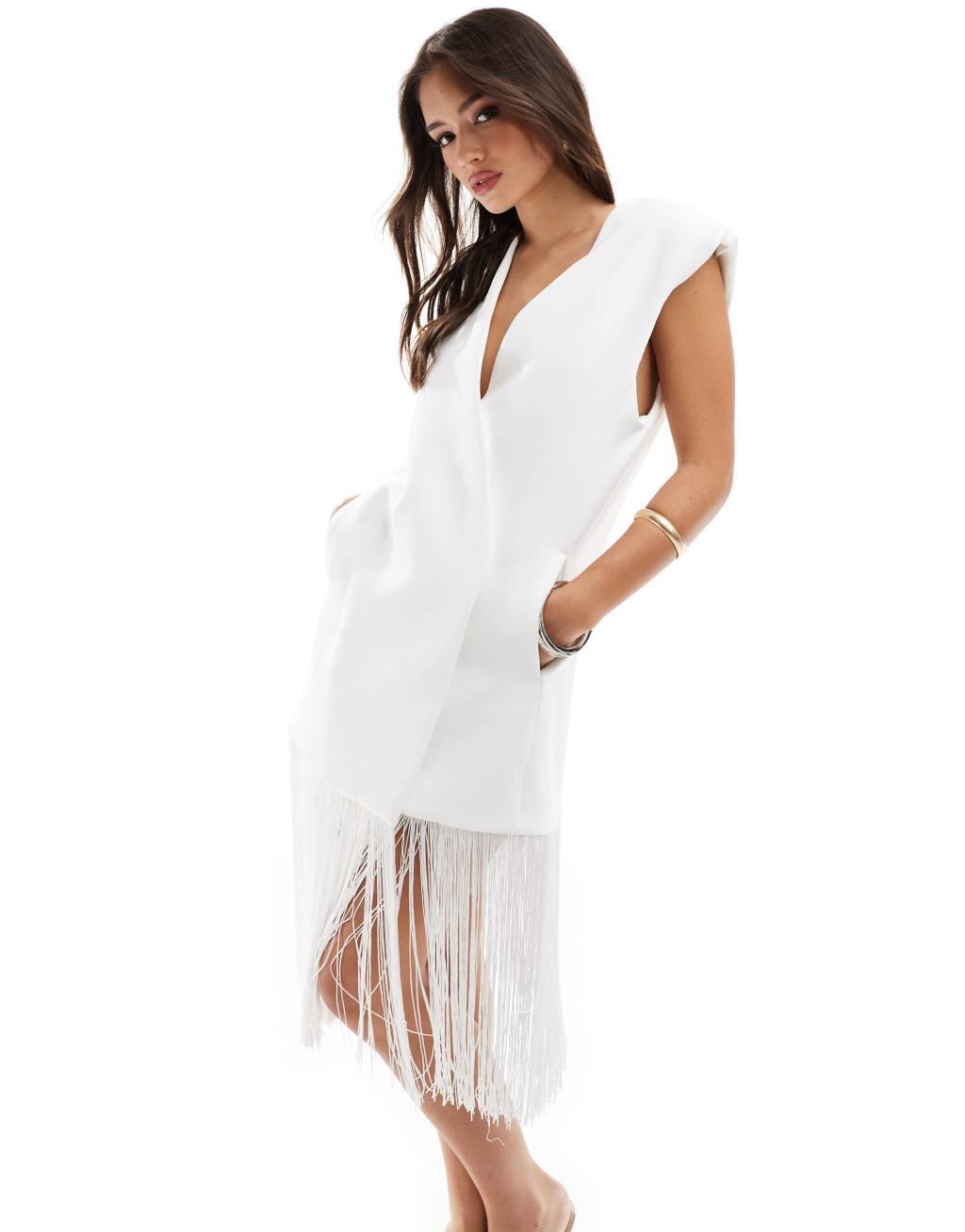 ASOS DESIGN fringed sleeveless blazer in ivory Product Image