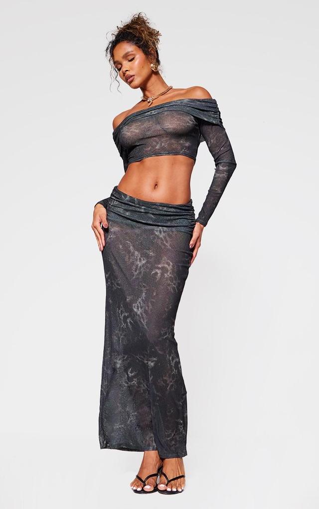 Leopard Printed Sheer Burnout Mesh Fold Over Hem Low Rise Maxi Skirt Product Image