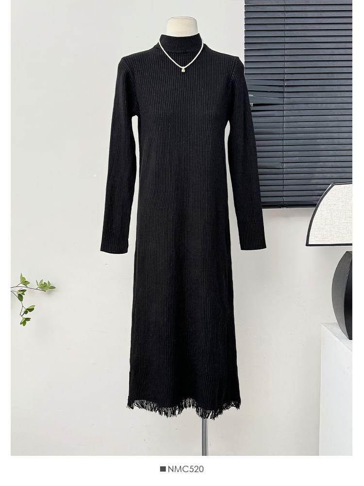 Fringed-Hem High-Neck Knit Dress Product Image