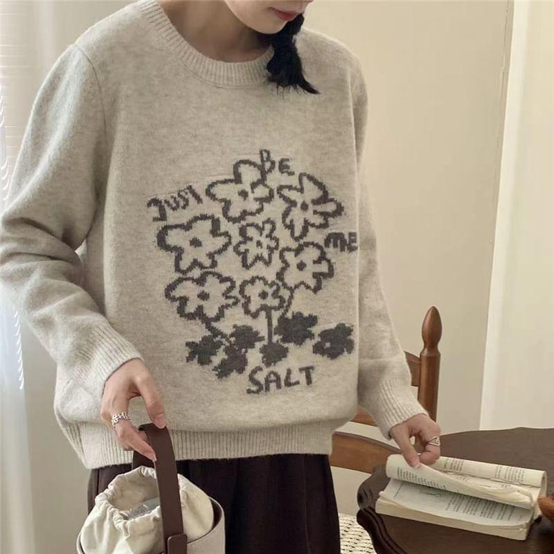 Round Neck Floral Patterned Sweater Product Image