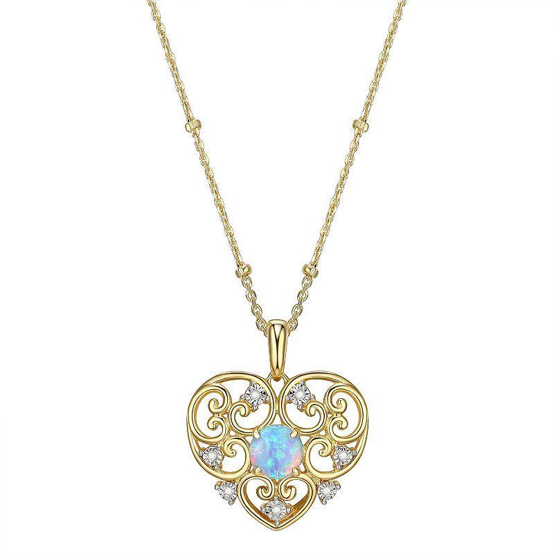 18k Gold Over Silver Lab Created Blue Opal & Diamond Accent Filigree Heart Pendant, Womens Gold Tone Product Image