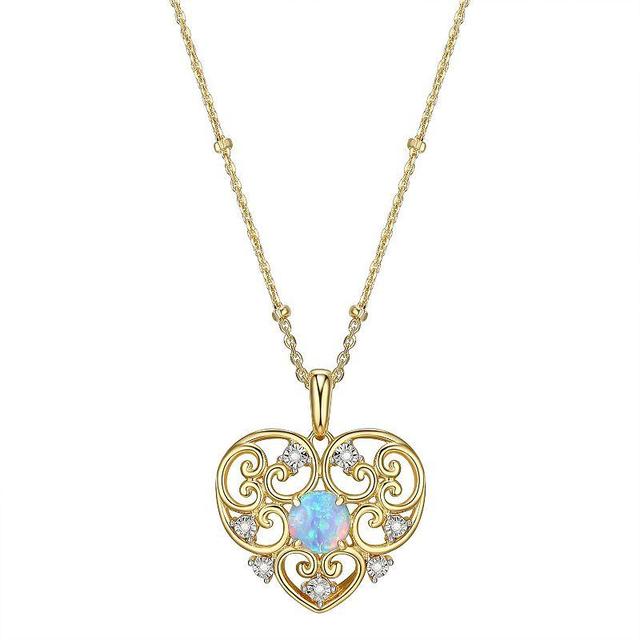 18k Gold Over Silver Lab Created Blue Opal & Diamond Accent Filigree Heart Pendant, Womens Gold Tone Product Image