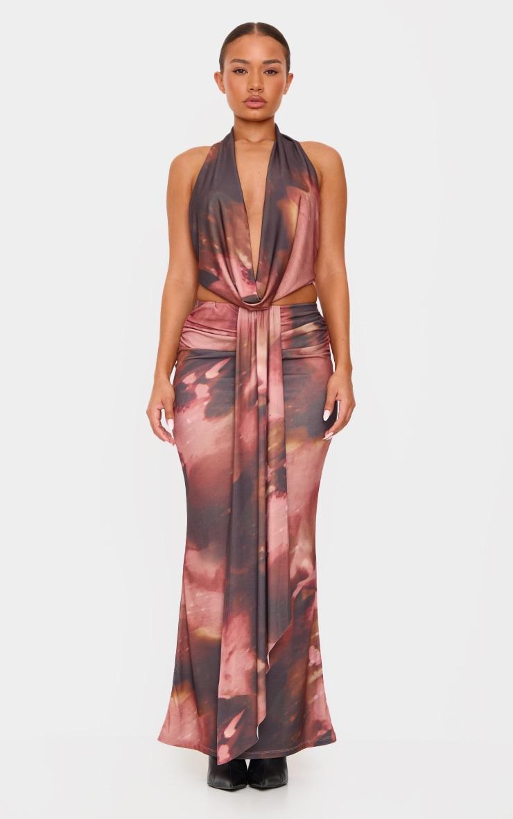 Petite Brown Floral Print Drape Detail Maxi Skirt Product Image