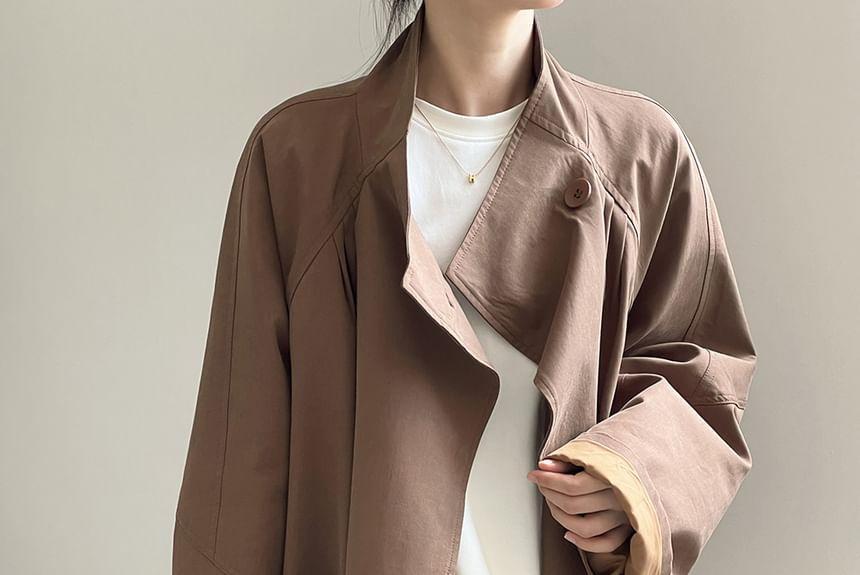 Stand Collar Plain Midi Single-Button Trench Coat Product Image