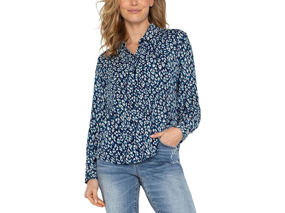 Liverpool Los Angeles Long Sleeve Button Front Woven Shirt (Blue Topaz Animal) Women's Clothing Product Image