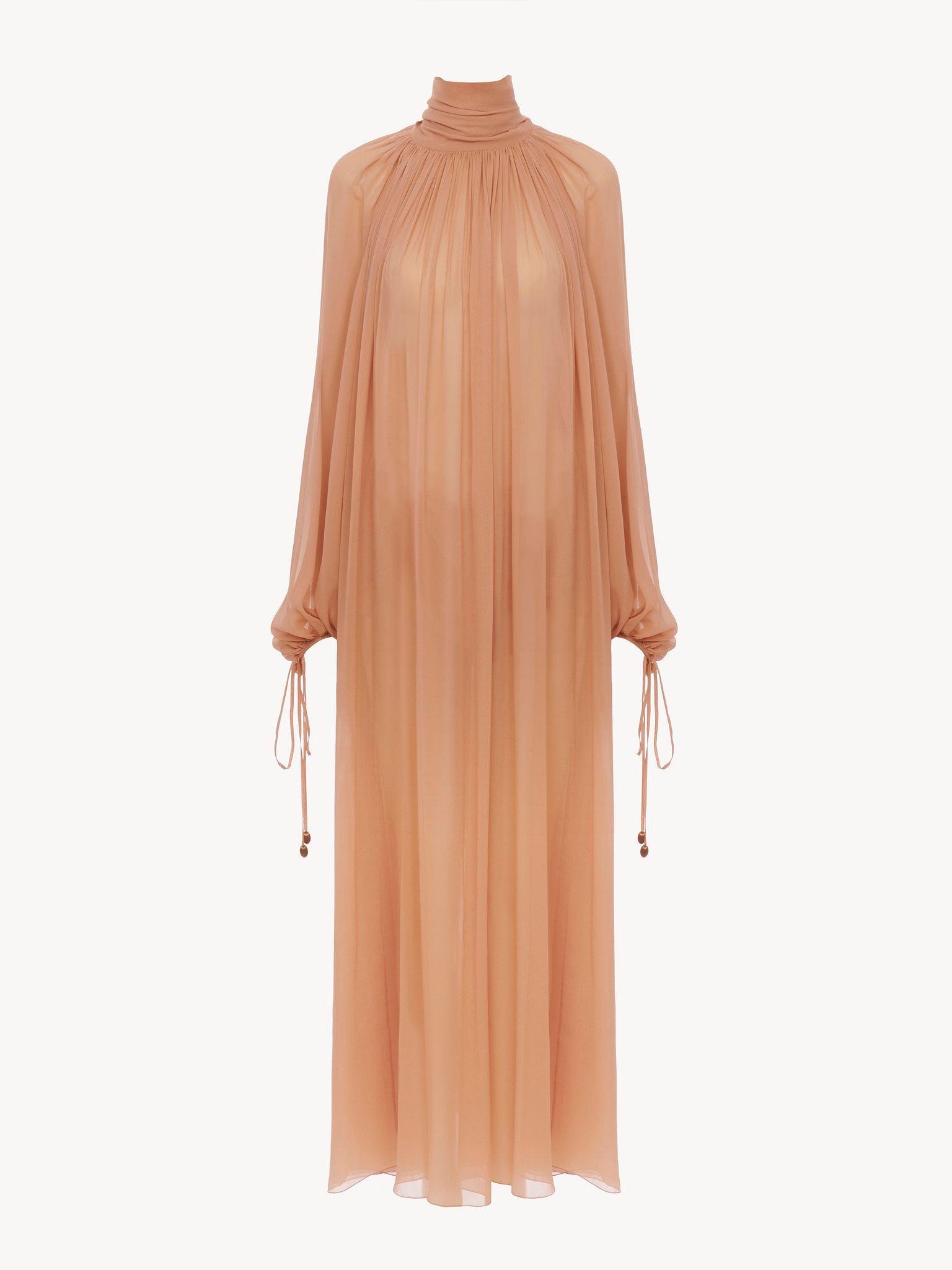 Mock-neck gathered long dress in silk georgette Product Image