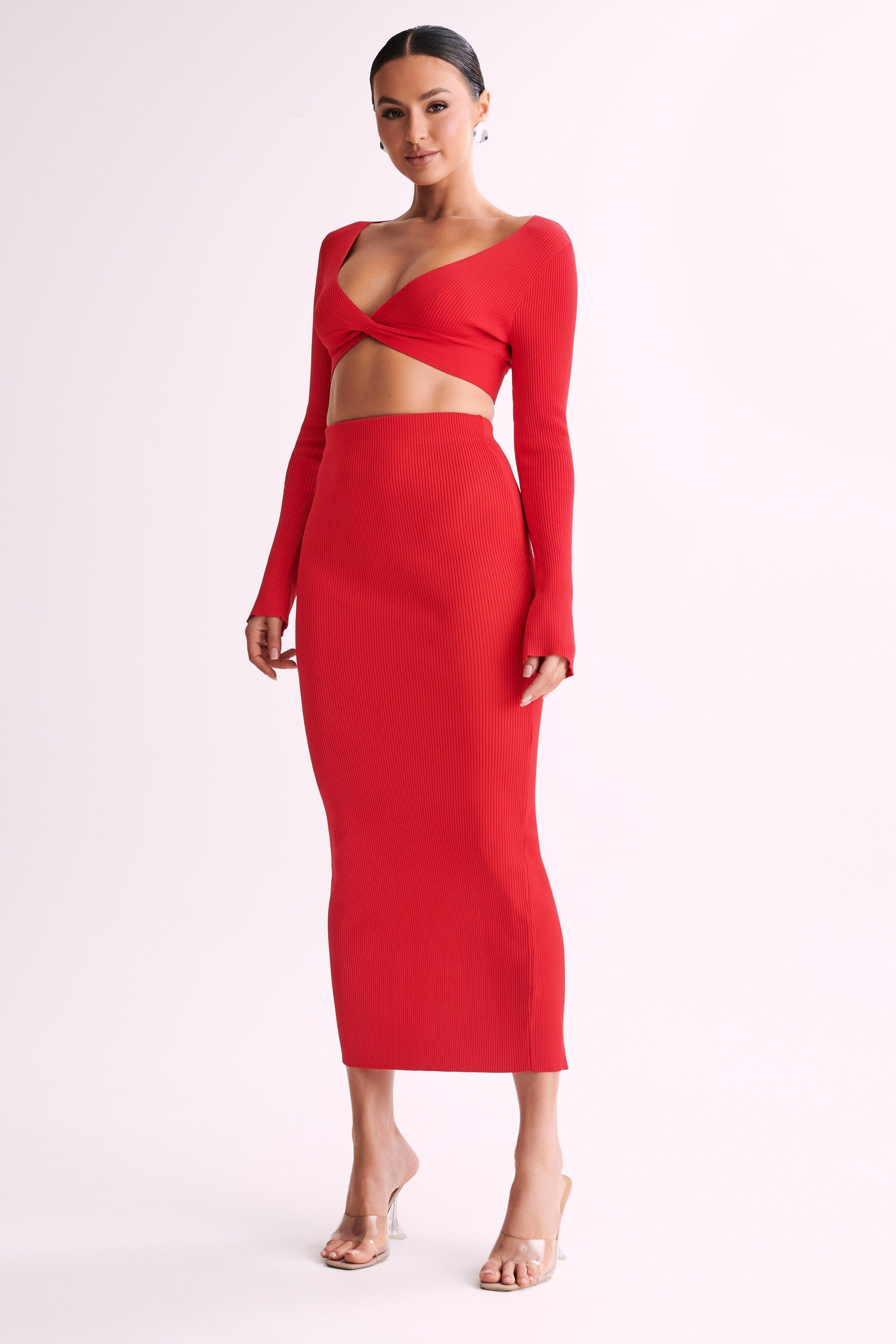 Kaesha Split Maxi Knitted Skirt - Red Product Image