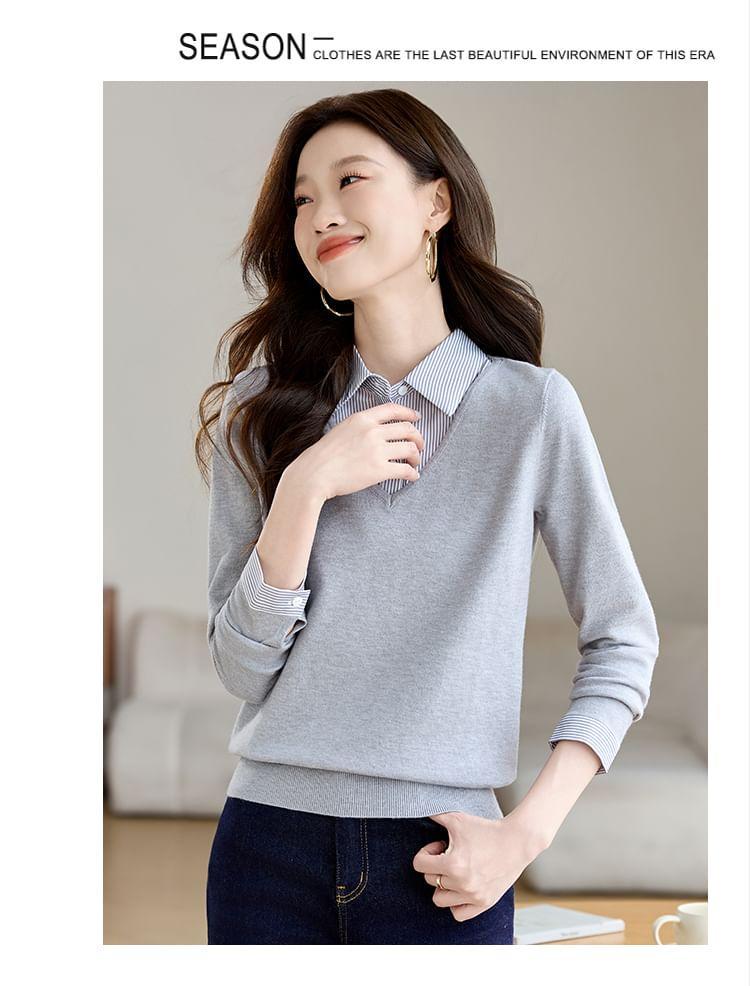 Long-Sleeve Collared Mock Two-Piece Striped Panel Knit Top Product Image