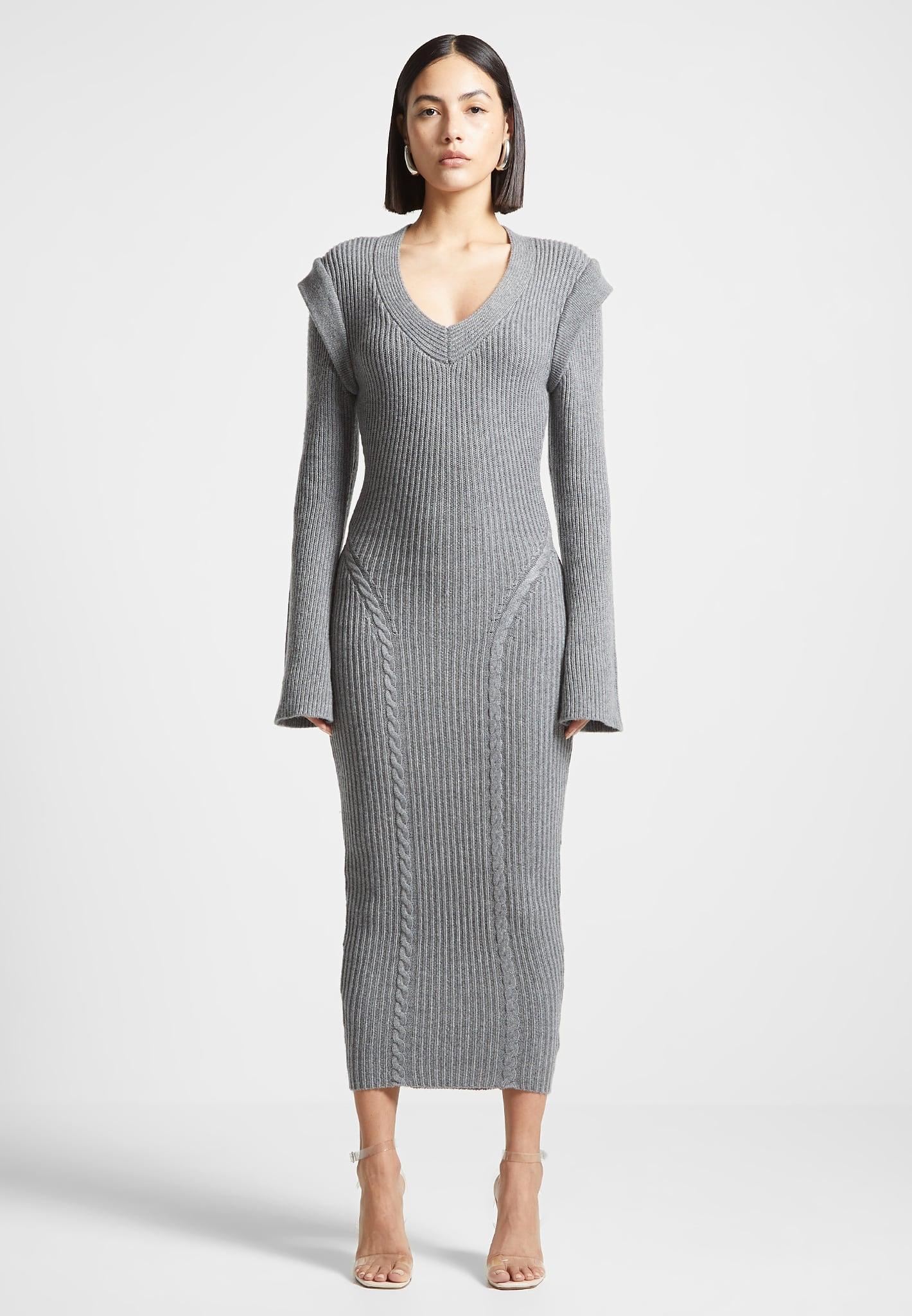 Wide Shoulder Knitted Midaxi Dress - Grey Female Product Image