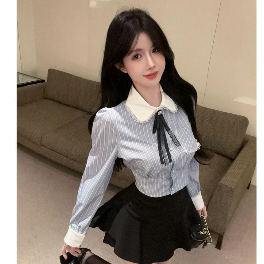 Long-Sleeve Striped Shirt / Ribbon / Mini A-Line Skirt Product Image