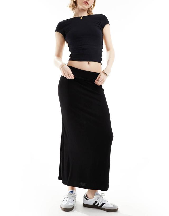 Stradivarius STR fold over waist midi skirt with side slit in black Product Image