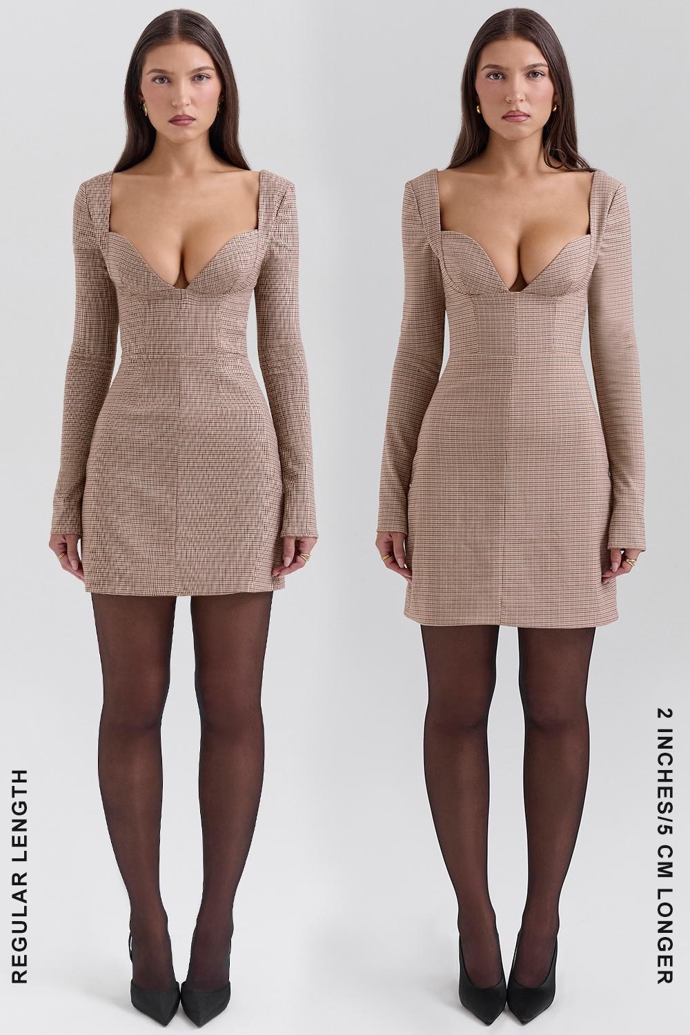 Angelie Brown Puppytooth Check Plunge Mini Dress Product Image