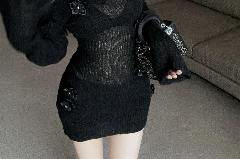 Long-Sleeve V-Neck Flower Accent Mini Knit Sheath Dress Product Image