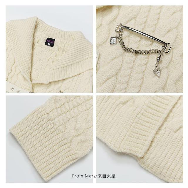 Lapel Collar Plain Buckled Cable Knit Cardigan Product Image