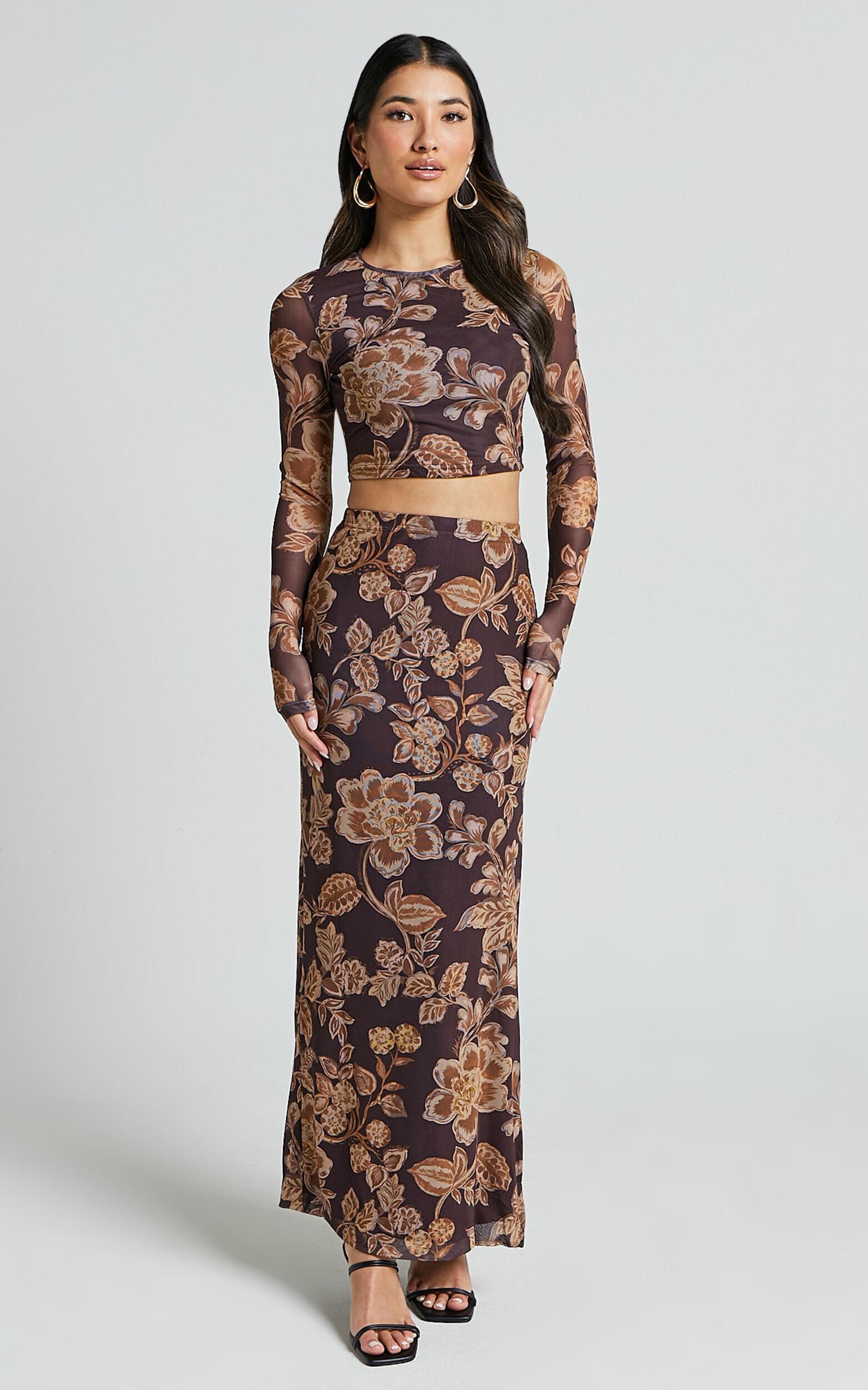 Willow Two Piece Set - Long Sleeve Top and Midi Skirt Mesh Set in Amber Bloom Print Product Image