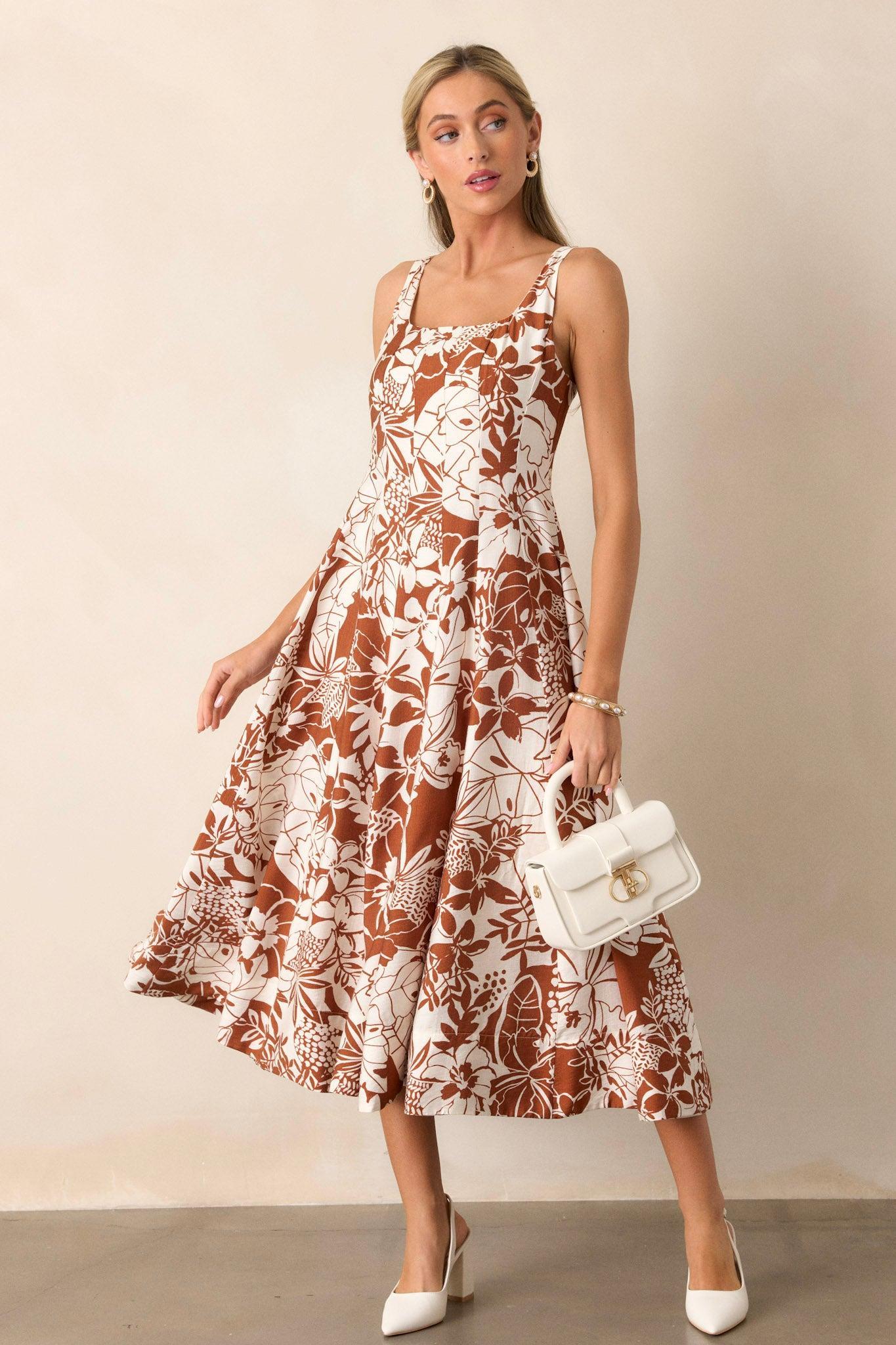 Young Love Caramel Floral Midi Dress Product Image