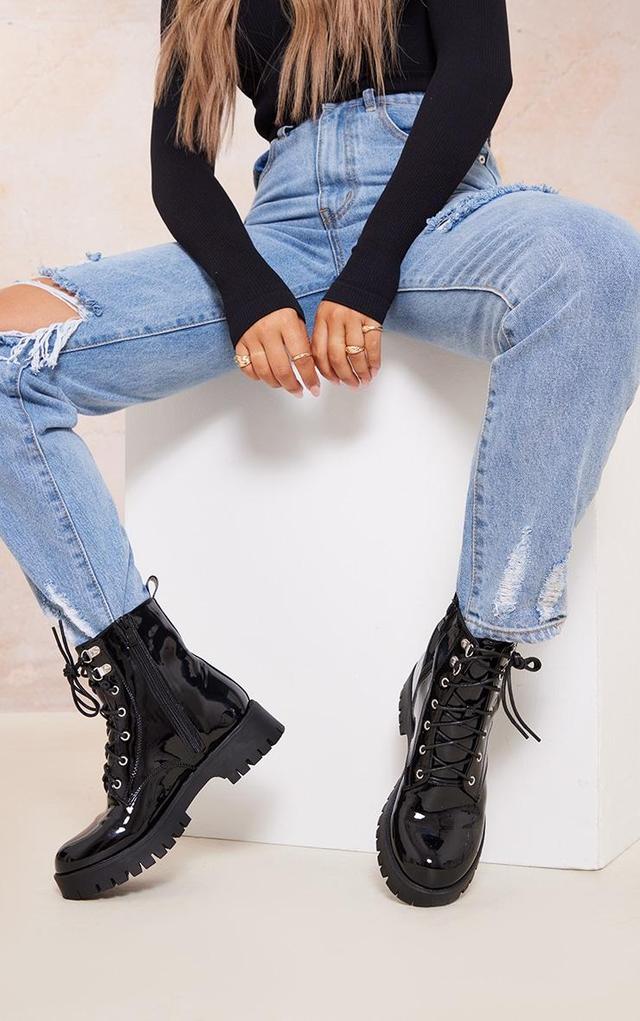 Black PU Patent Basic Lace Up Combat Boots Product Image