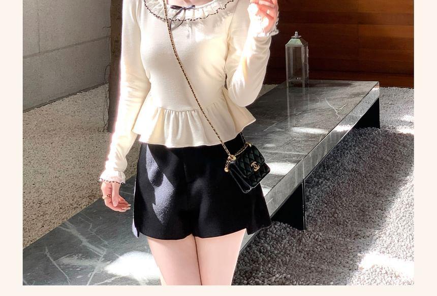 Long-Sleeve U-Neck Lace Trim Ruffle Knit Top Product Image