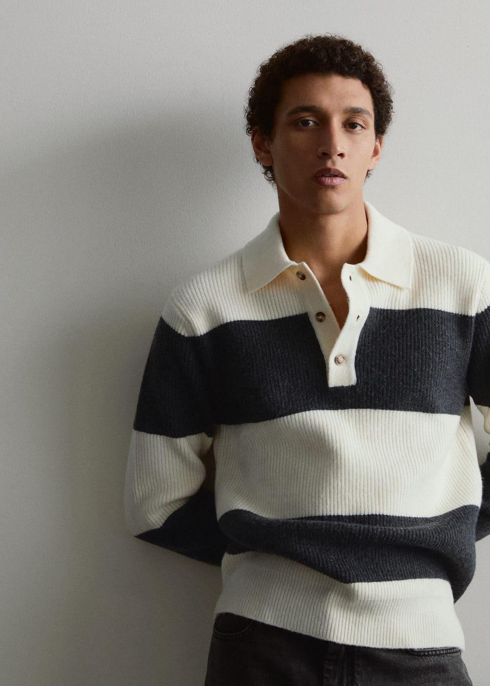 MANGO MAN - Ribbed striped knitted polo shirt off whiteMen Product Image