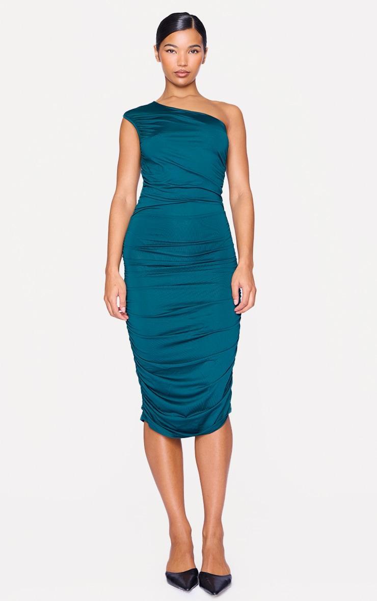 Emerald Green Slinky One Shoulder Ruched Longline Midi Dress Product Image