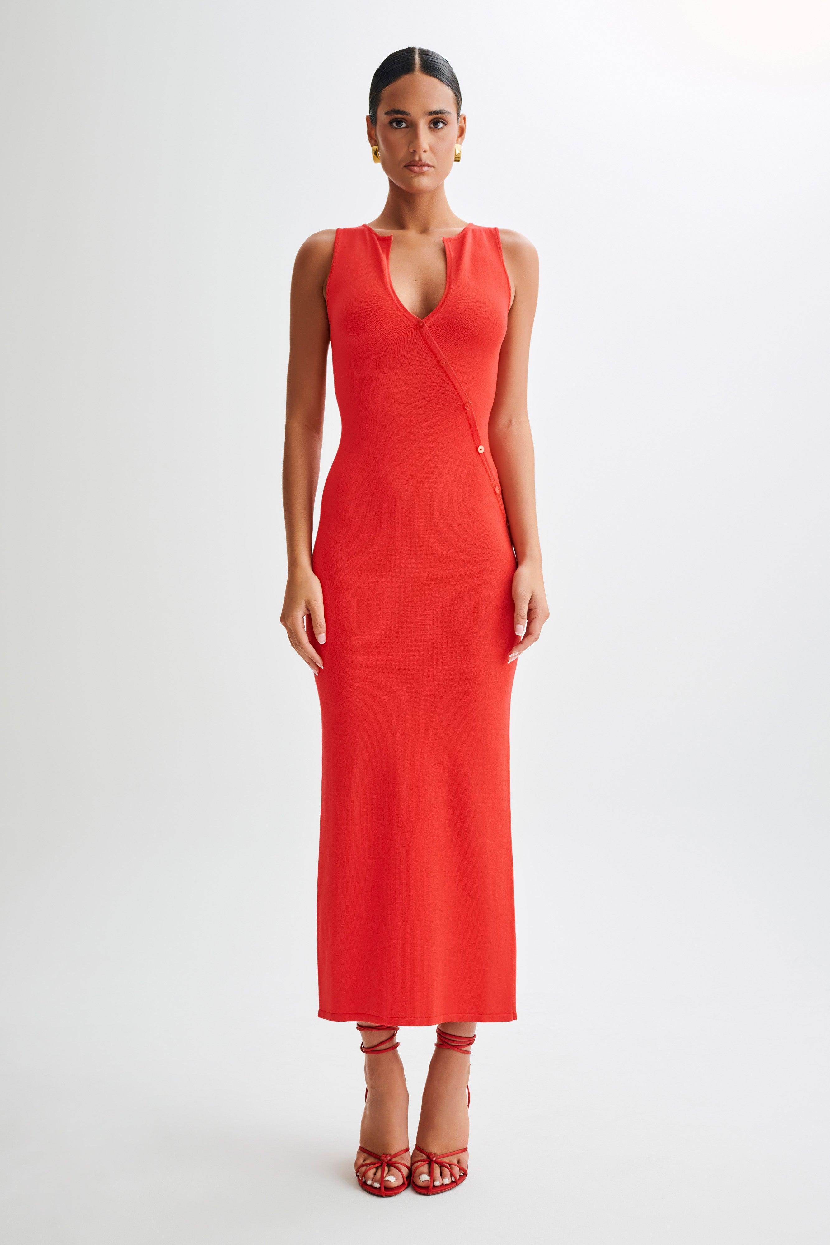 Marina Sleeveless Buttoned Knit Midi Dress - Pomegranate Product Image