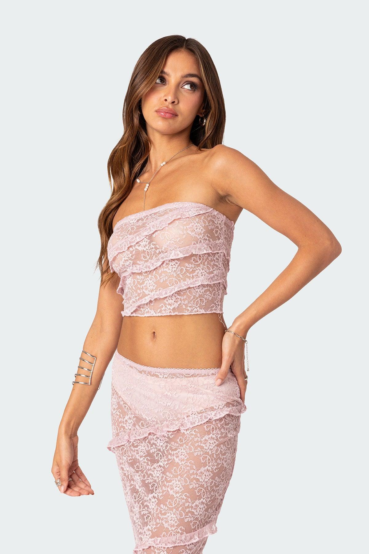 Myra Sheer Lace Ruffle Tube Top Product Image