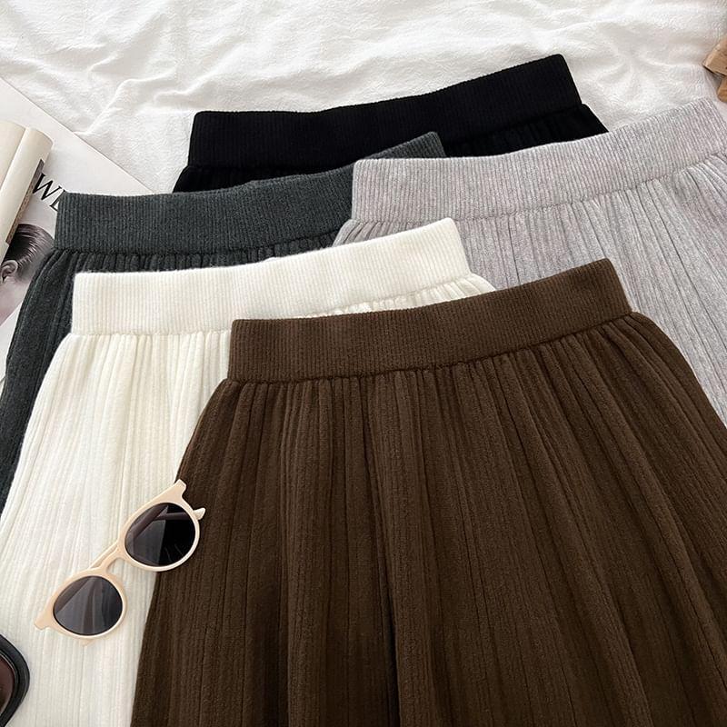 High Rise Plain Knit Mini Pleated A-Line Skirt Product Image