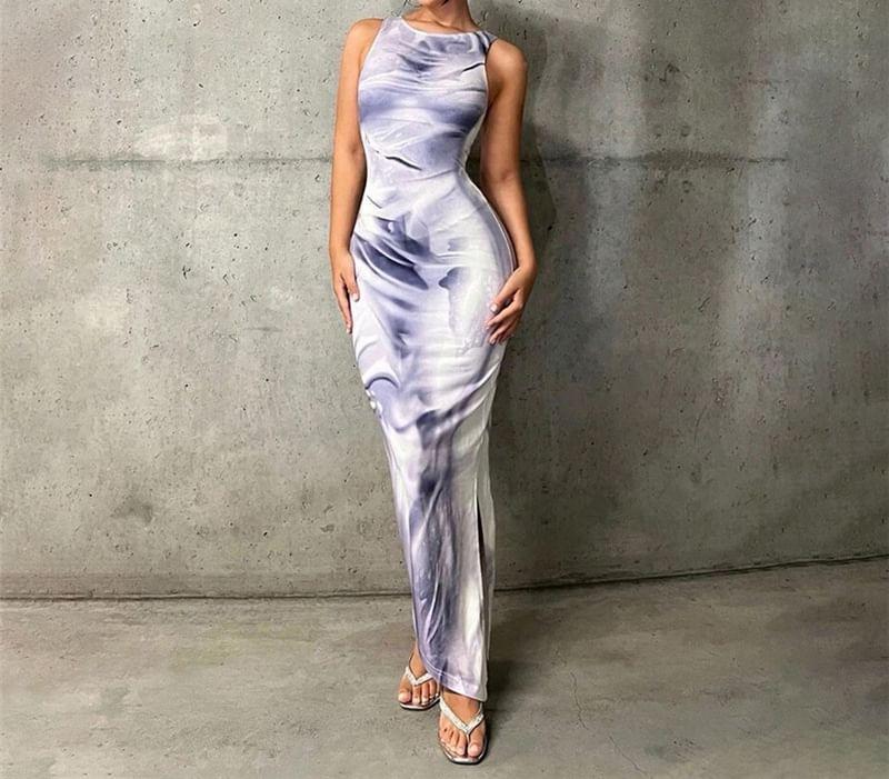 Sleeveless Crew Neck Tie Dye Maxi Bodycon Dress Product Image