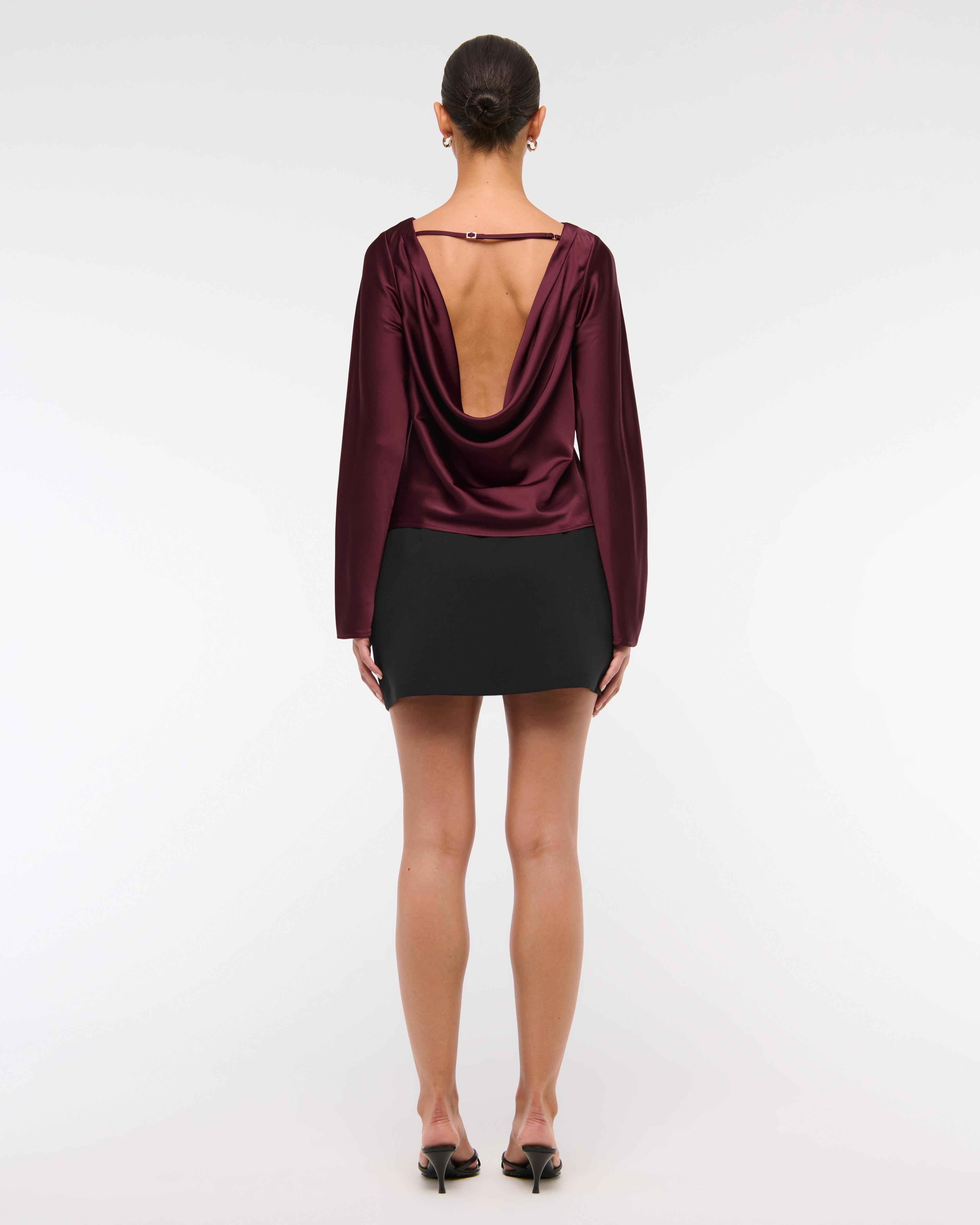 Long-Sleeve Satin Cowl-Back Top Product Image