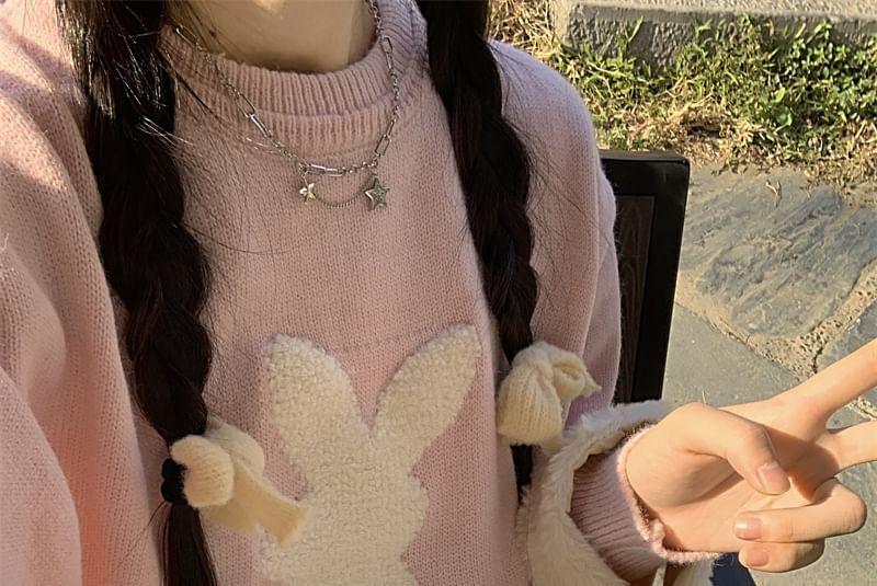 Round Neck Rabbit Jacquard Pom Pom Sweater Product Image