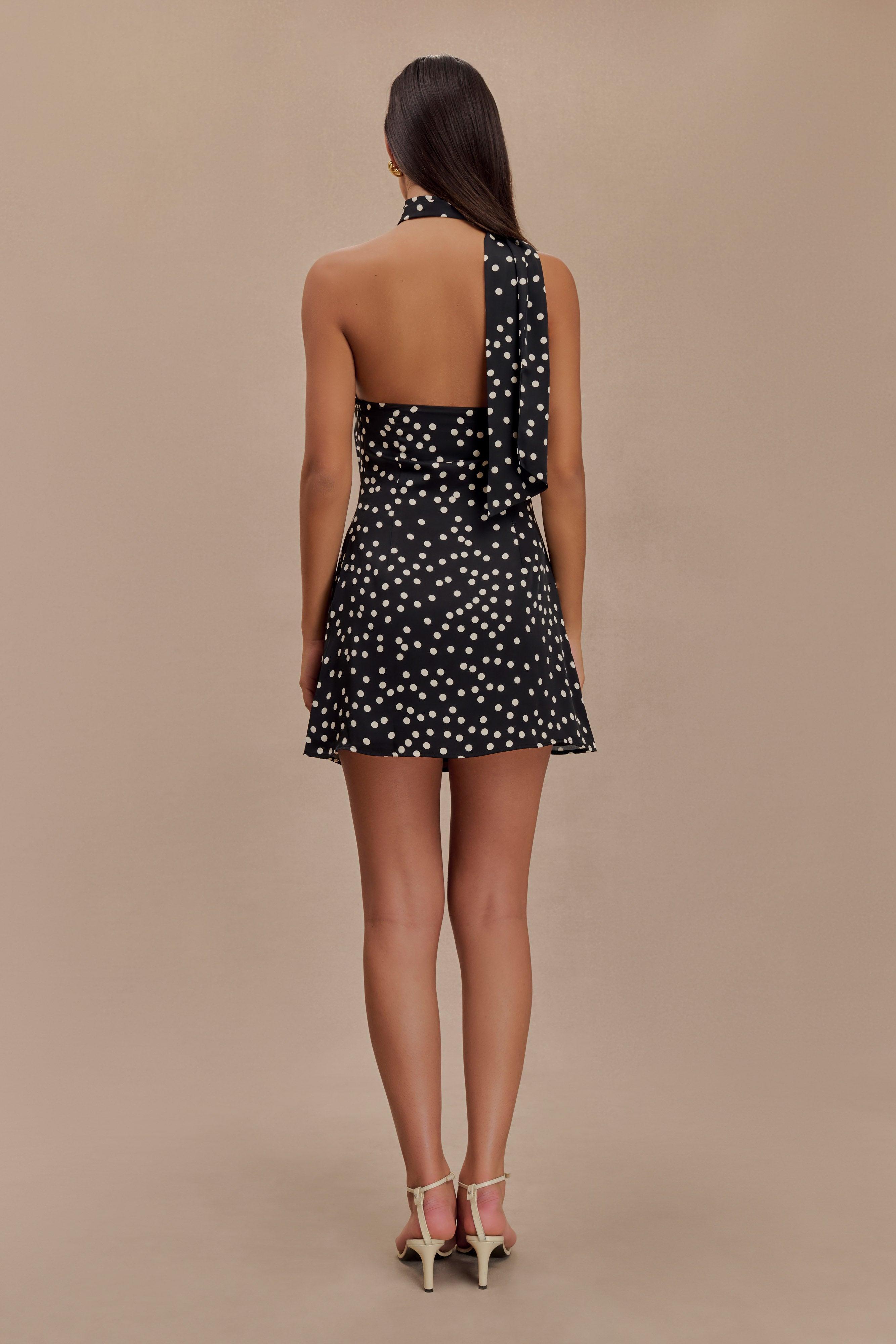 Joan Satin Asymmetrical Mini Dress - Black Polka Dot Print Product Image