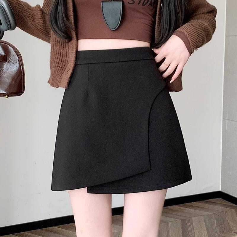 High Rise Plain Asymmetrical Mini A-Line Skirt Product Image