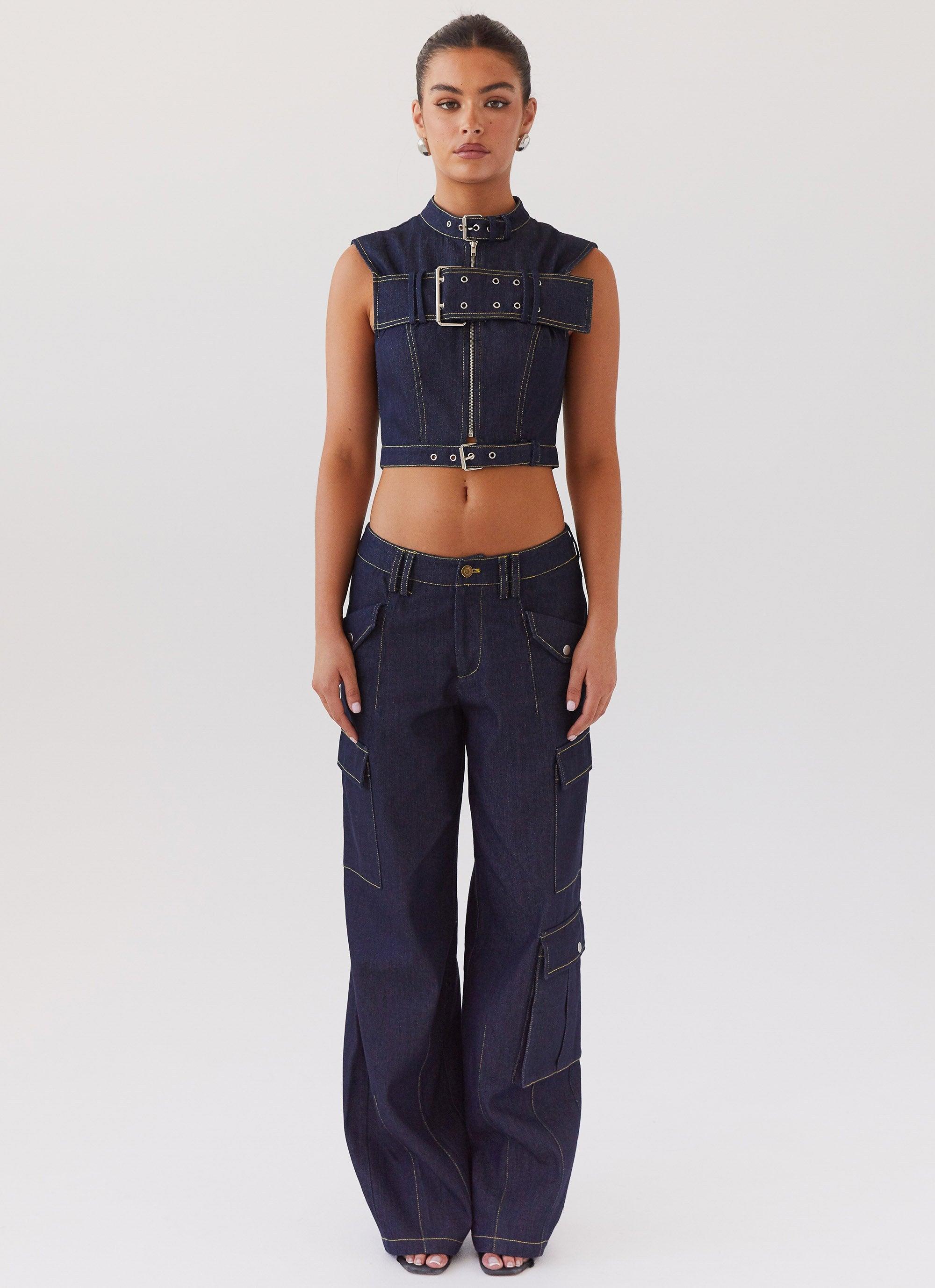 Greedy Denim Buckle Top - Indigo Product Image