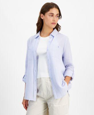 Calvin Klein Jeans Womens Double-Crepe Button-Down Roll-Tab-Sleeve Shirt Product Image